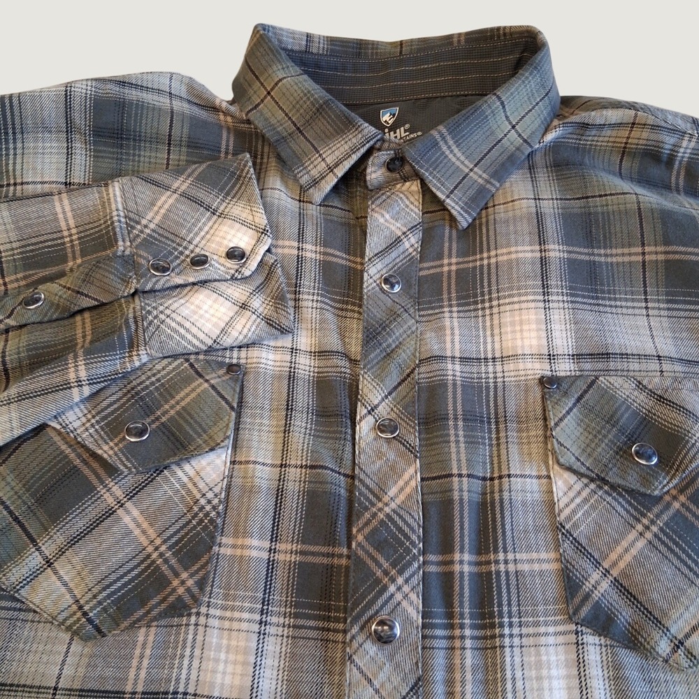 Kuhl Mens XXL Lowdown LS Flannel Western Pearl Snap Grey Green Soft LNWOT